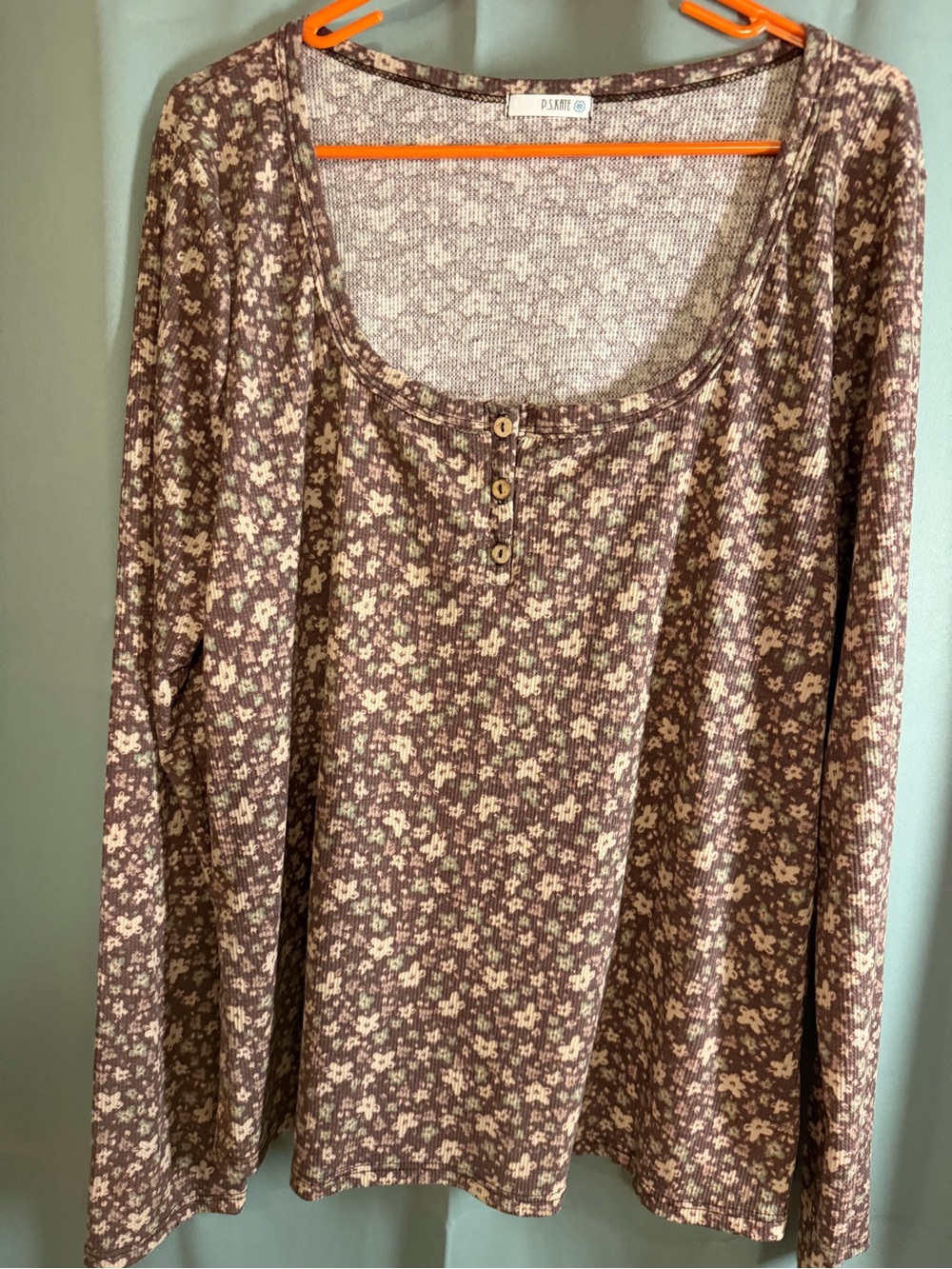PS Kate Scoop-Neck Long Sleeve Henley  — Brown floral print